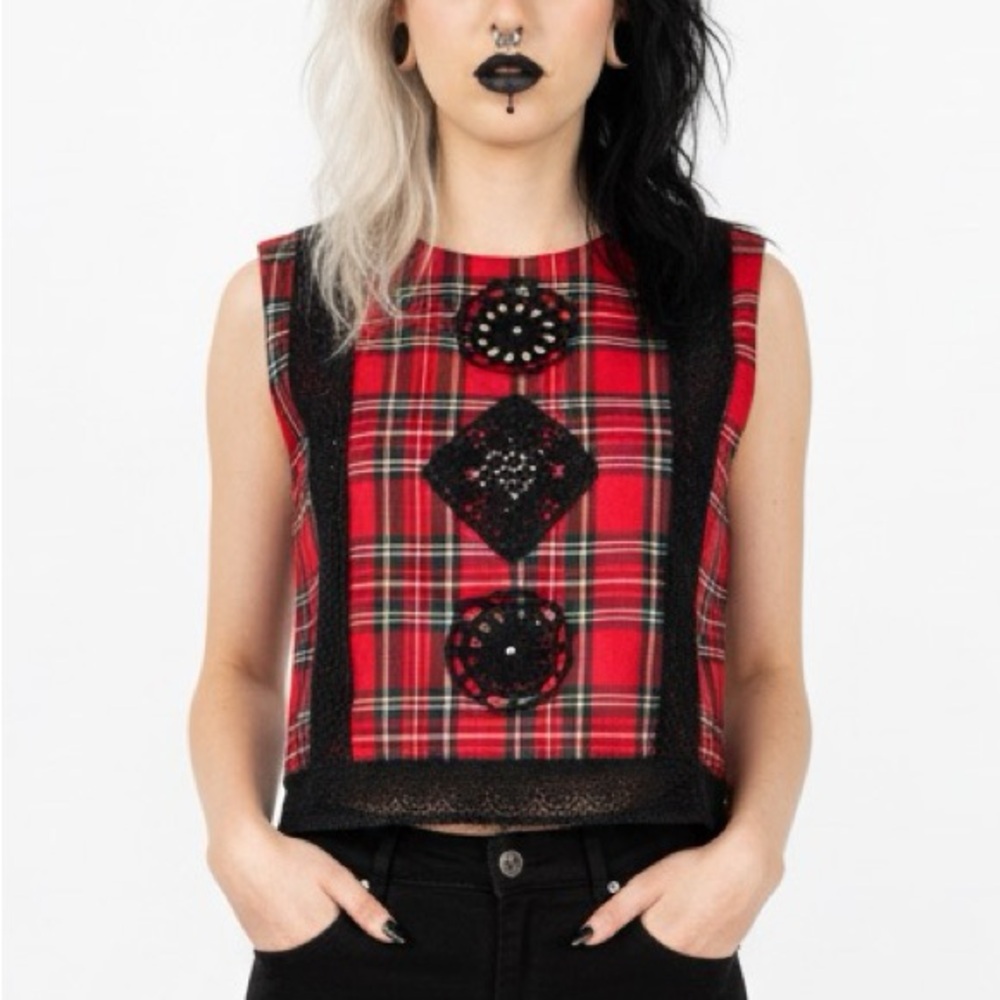 Endless Rose Tartan Plaid Embroidered Strap Sleeveless Top Size M Crochet